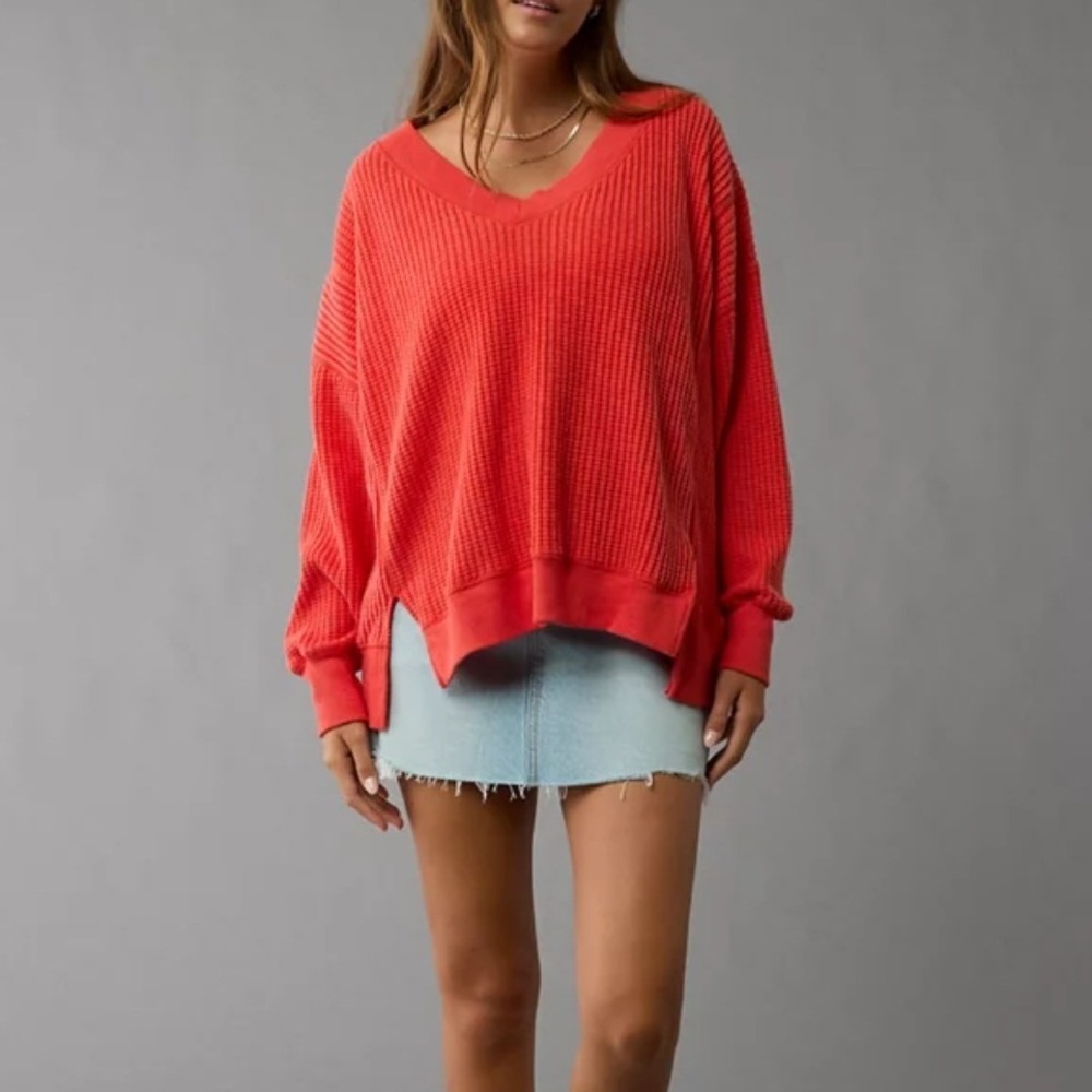 American Eagle Big Hug Waffle Knit Crew Neck Sweatshirt M Oversized Ribbed